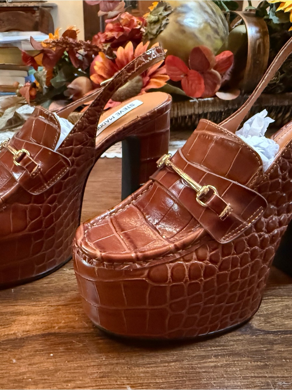 Steve Madden Brown Croc-Embossed Platform Slingback Heels with Gold Buckle